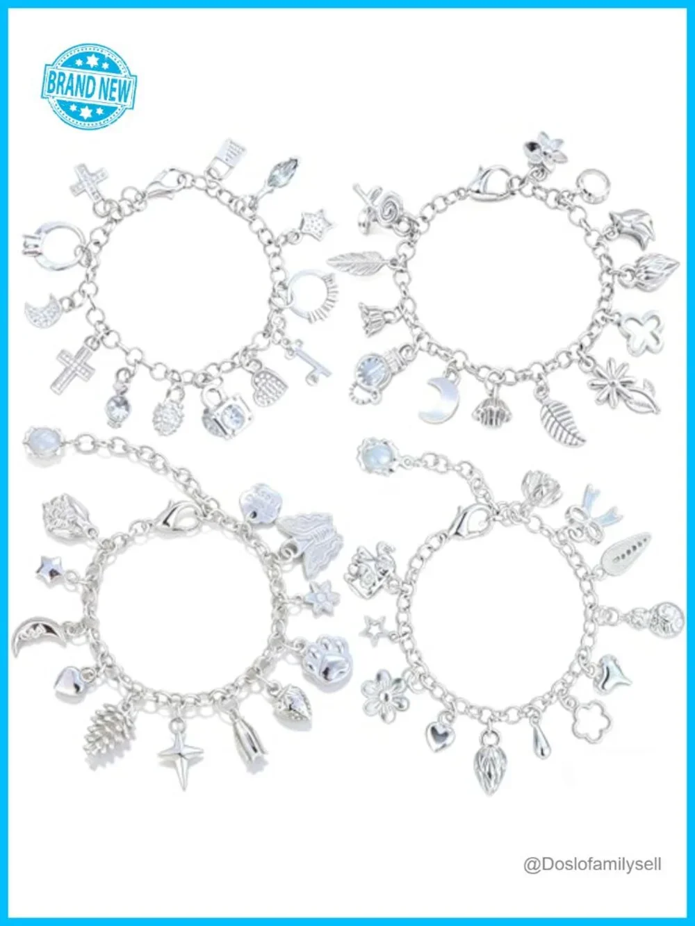 4PCs Sterling Silver Adjustable Dainty Charm Layered Bracelets Set with 13